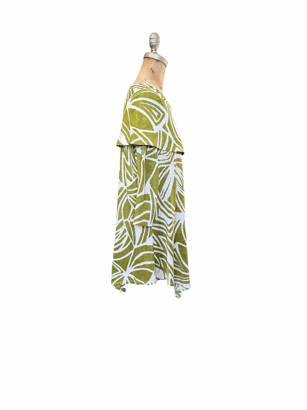IC By Connie K. Olive Green & White Floral Cowl Tunic Shark Bite Hem Lagenlook L - Picture 3 of 6